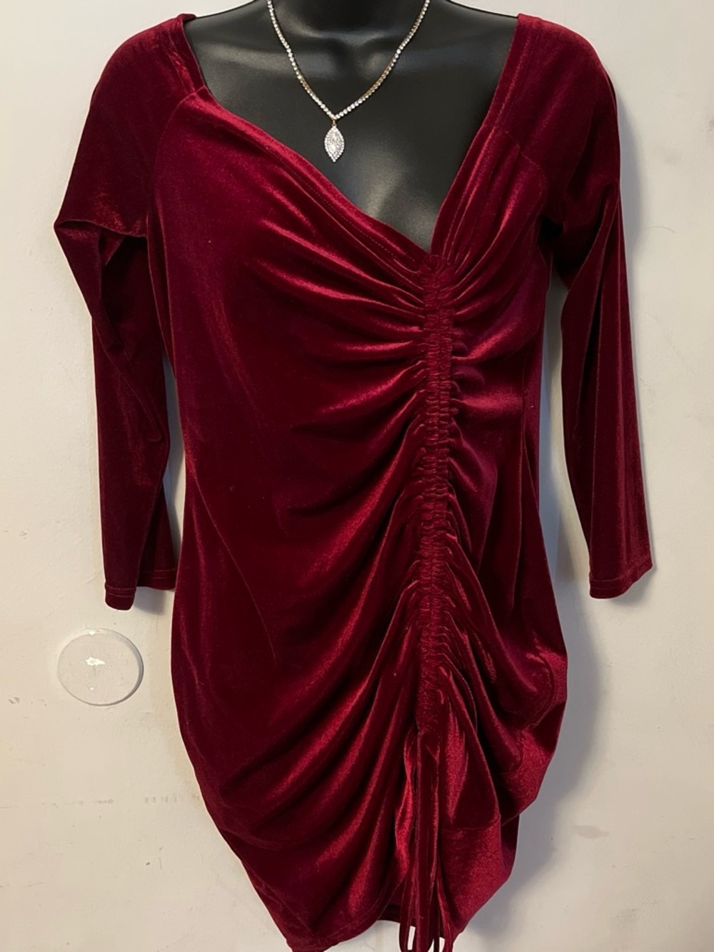 Ruched Velvet Mini Dress in Burgundy